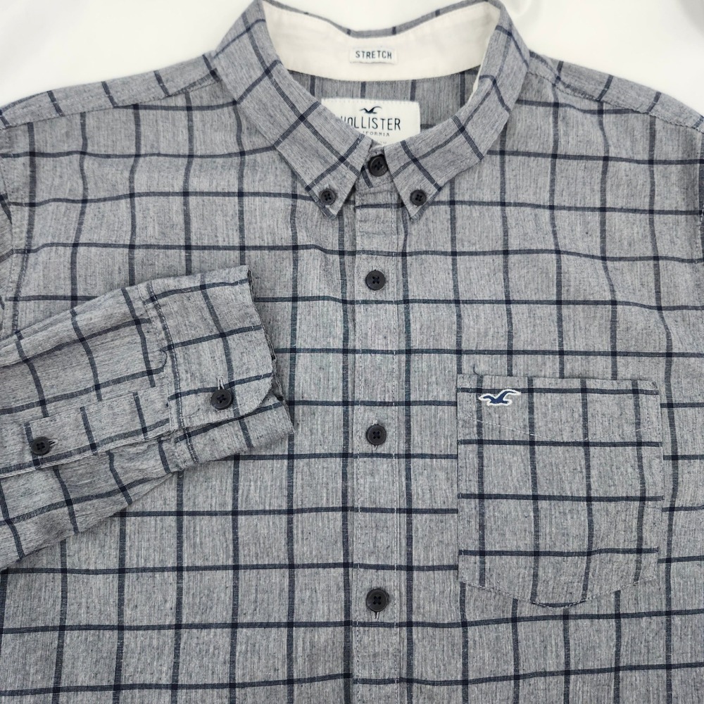 Hollister‎ Gray Navy Plaid Epic Flex Button Down Shirt Mens XL Stretch Preppy
